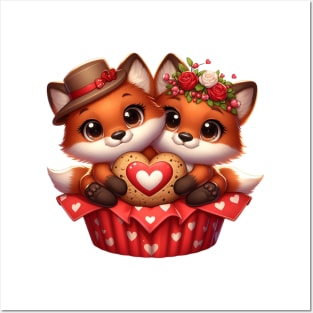 Valentine Fox Couple In A Cupcake Posters and Art